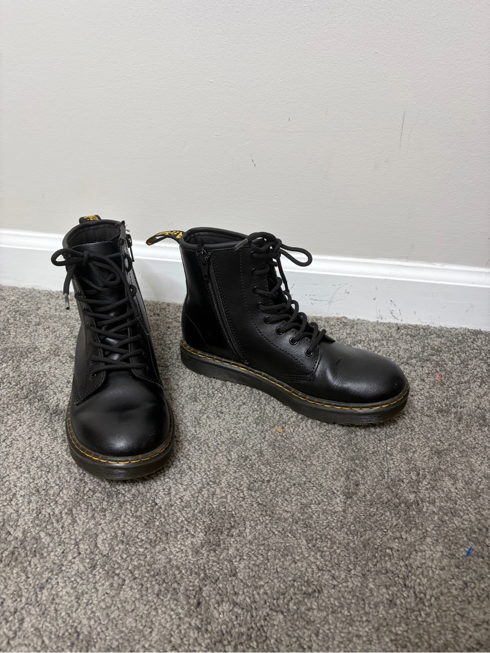 Black airwair dr. Martens Lace-Up Combat Boots with Yellow Stitching size 4